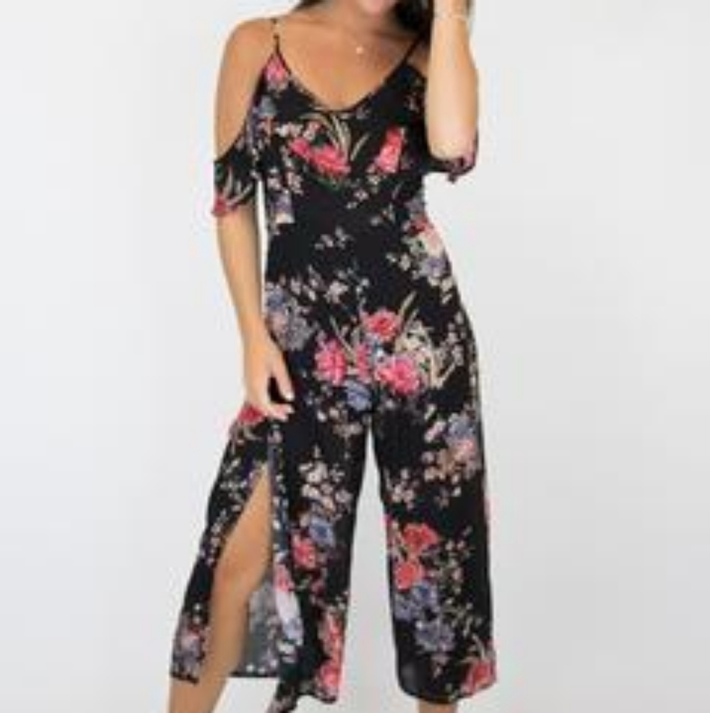 Ark nc cold shoulder black floral jumpsuit